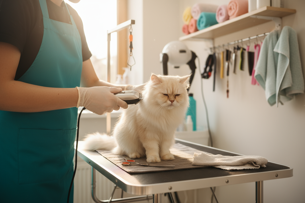 A professional pet groomer trimming the fur of a fluffy cat on a grooming table. The cat looks calm and well-behaved while the groomer gently uses electric clippers and scissors to shape the fur. The background shows grooming tools like brushes, towels, and a hair dryer neatly arranged. The lighting is bright and clean, giving a cozy pet salon atmosphere.”