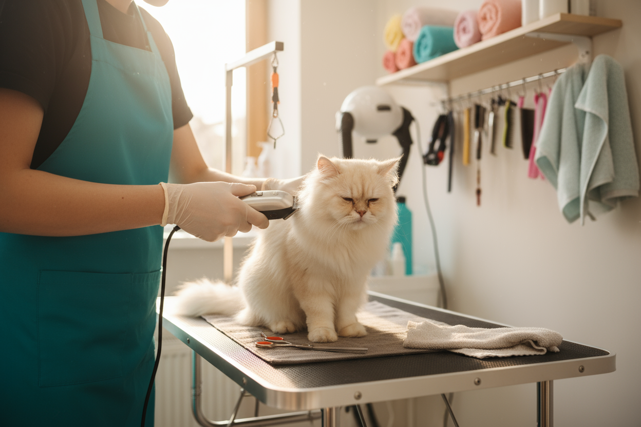 A professional pet groomer trimming the fur of a fluffy cat on a grooming table. The cat looks calm and well-behaved while the groomer gently uses electric clippers and scissors to shape the fur. The background shows grooming tools like brushes, towels, and a hair dryer neatly arranged. The lighting is bright and clean, giving a cozy pet salon atmosphere.”